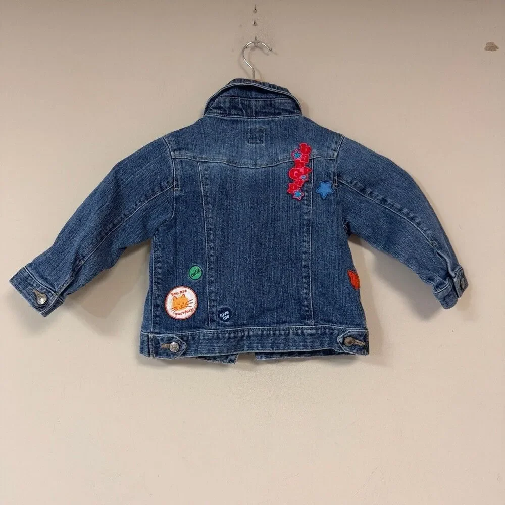 baby GAP Blue Denim Jacket Girl 3T Button Up Patches Cute Streetwear Fall Preppy